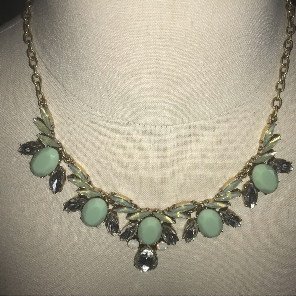 J. Crew Mint Green Necklace with Silver-Toned Chain and Beads